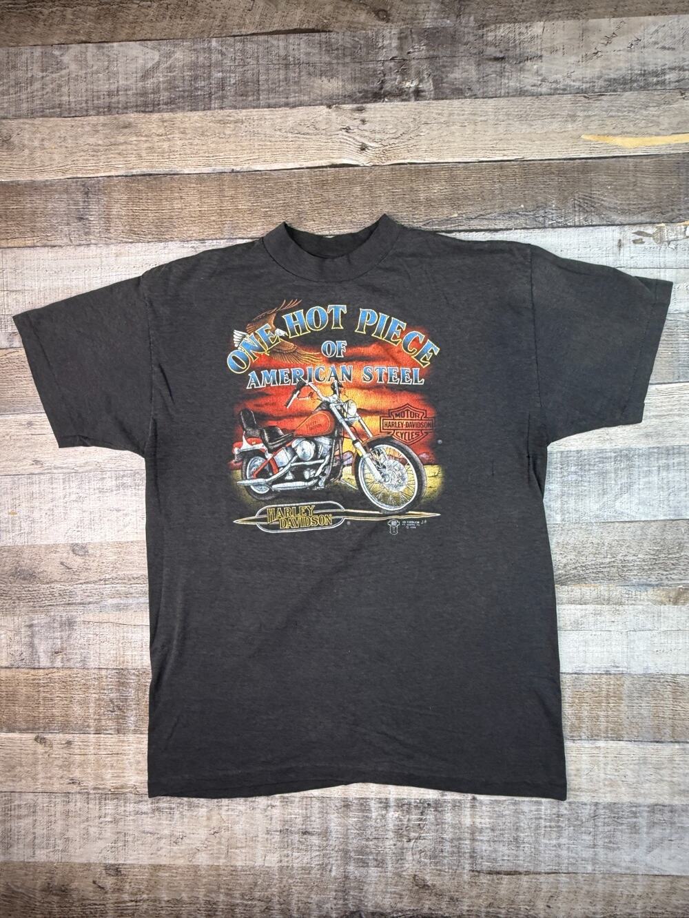 Vintage 1988 Harley Davidson 3D Emblem One Hot Piece American Steel T Shirt 80s